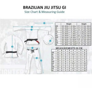 Size chart for jiu-jitsu gi, displaying measurements for optimal fit by height and weight.