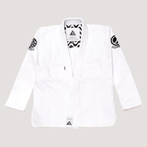 White "Batch #97 Jiu Jitsu is Simple" kimono, 450 GSM fabric, offering durability and comfort for jiu-jitsu training.