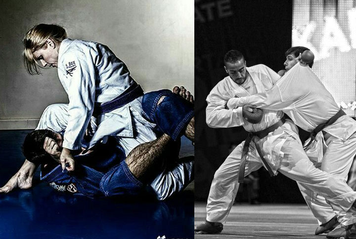 Two athletes practicing Brazilian Jiu Jitsu on a mat, focusing on a grappling technique. The image showcases the close-contact nature of BJJ, where one person is positioned to control their opponent on the ground.